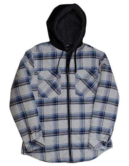 Men´s Flannel Jacket With Sherpa Hoodie — Grey - Blue (Checked)