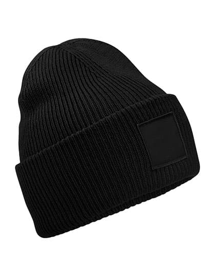 Deep Cuffed Tonal Patch Beanie — Black