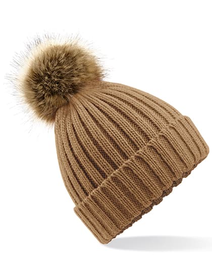 Faux Fur Pop Pom Chunky Beanie — Biscuit