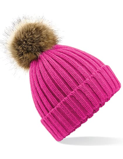 Faux Fur Pop Pom Chunky Beanie — Fuchsia