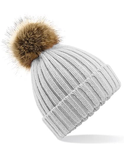 Faux Fur Pop Pom Chunky Beanie — Light Grey