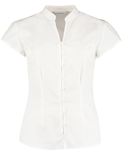 Tailored Fit Mandarin Collar Poplin Blouse Cap Sleeve — White